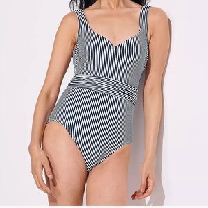 Lands' End Black & White Striped One-Piece Swimsuit